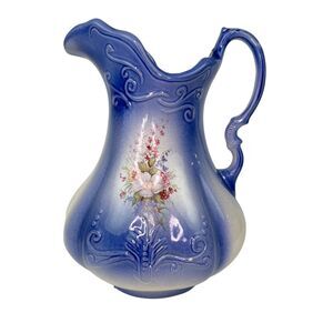 Vintage Heatherstone England 1888 Blue Floral Water Pitcher
